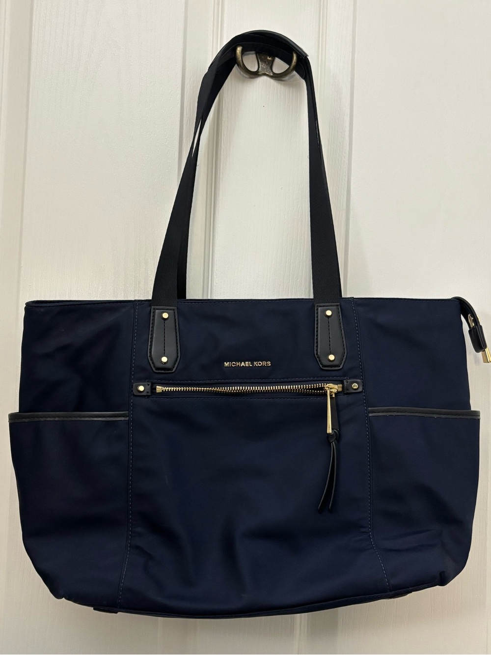 Michael Kors Navy and Gold Tote Nylon Bag with Front Zip Pocket